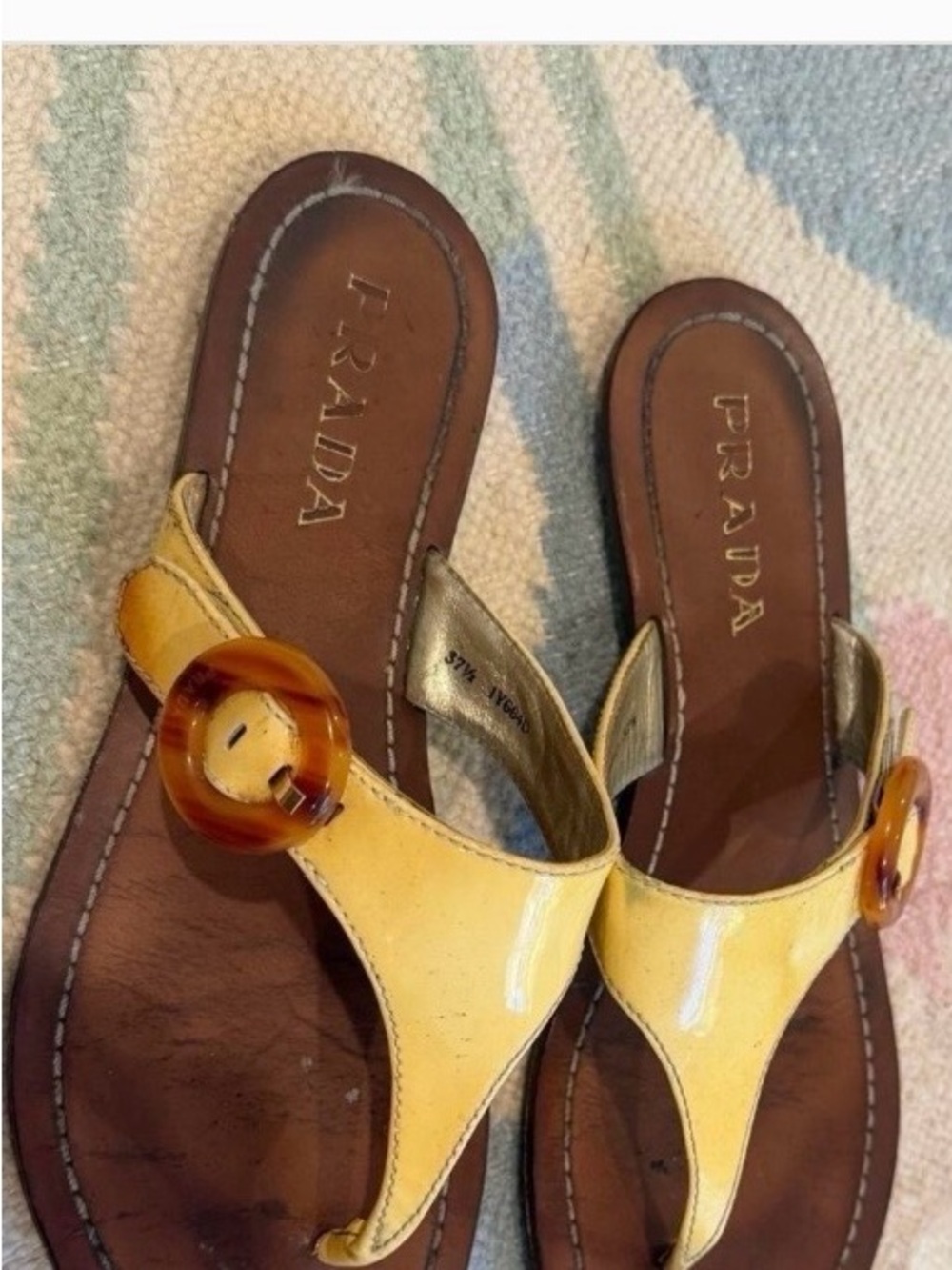 Prada Yellow Patent Leather Thong Sandals with Tortoiseshell Accent